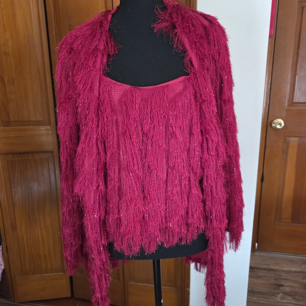 Rachel Zoe Fringe Knit Tank & Cardigan Set in Raspberry